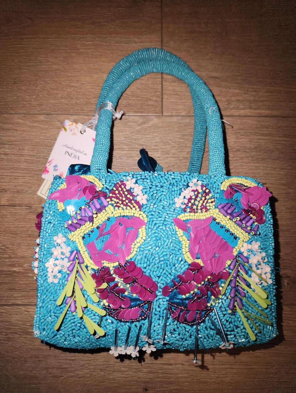 Aqua Beaded NWT Viral Handcrafted in India Embellished Drawstring Mini Handbag